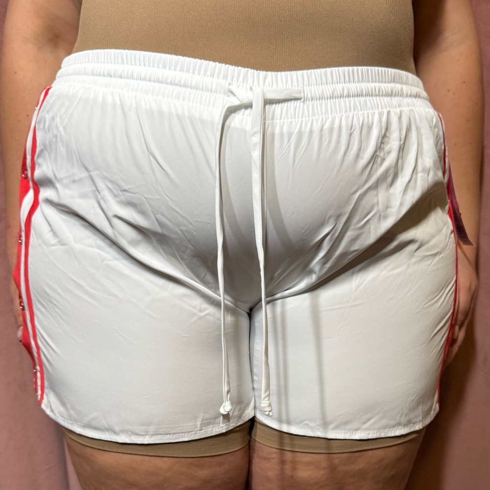 White Women's Athletic Drawstring Shorts with Pink Side Stripe